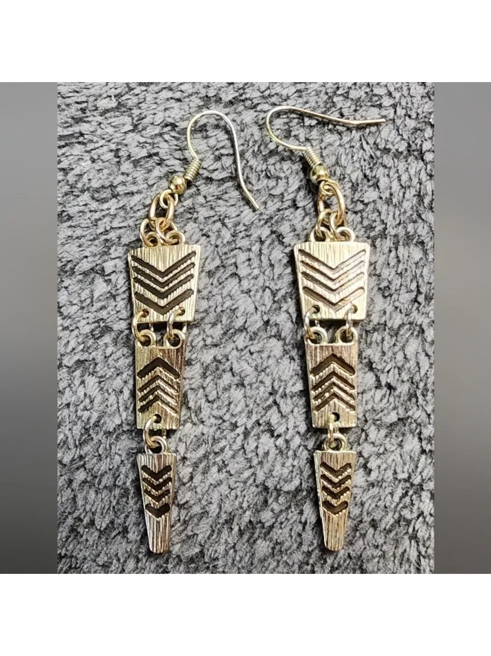 Goldtone Black Etched Geometric Earrings - Picture 2 of 2